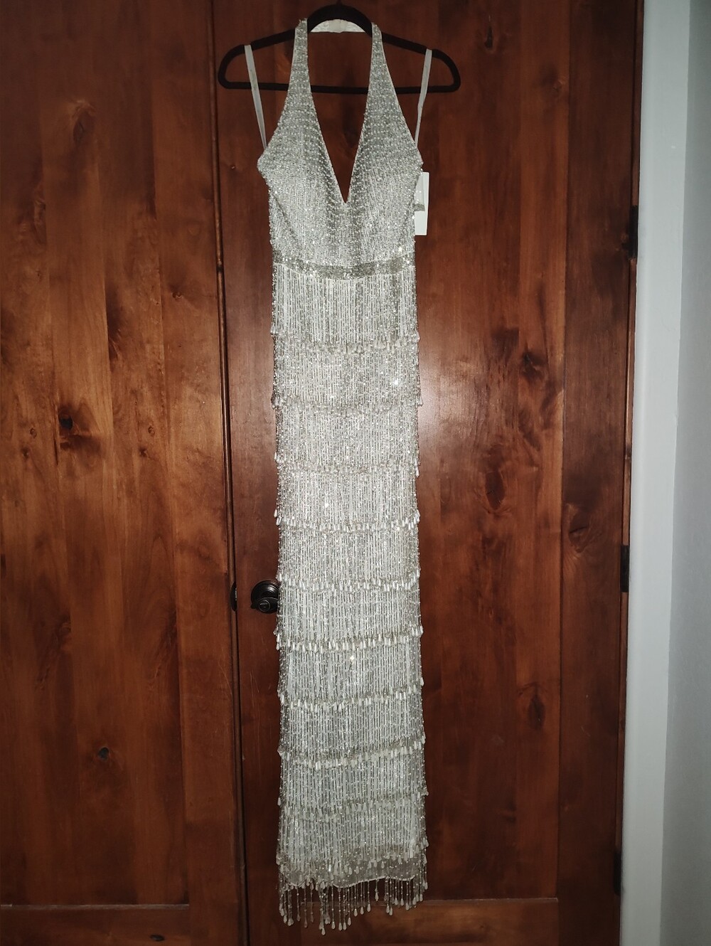 NWT Mac Duggal Sparkling Silver Beaded Evening Dress Size 4